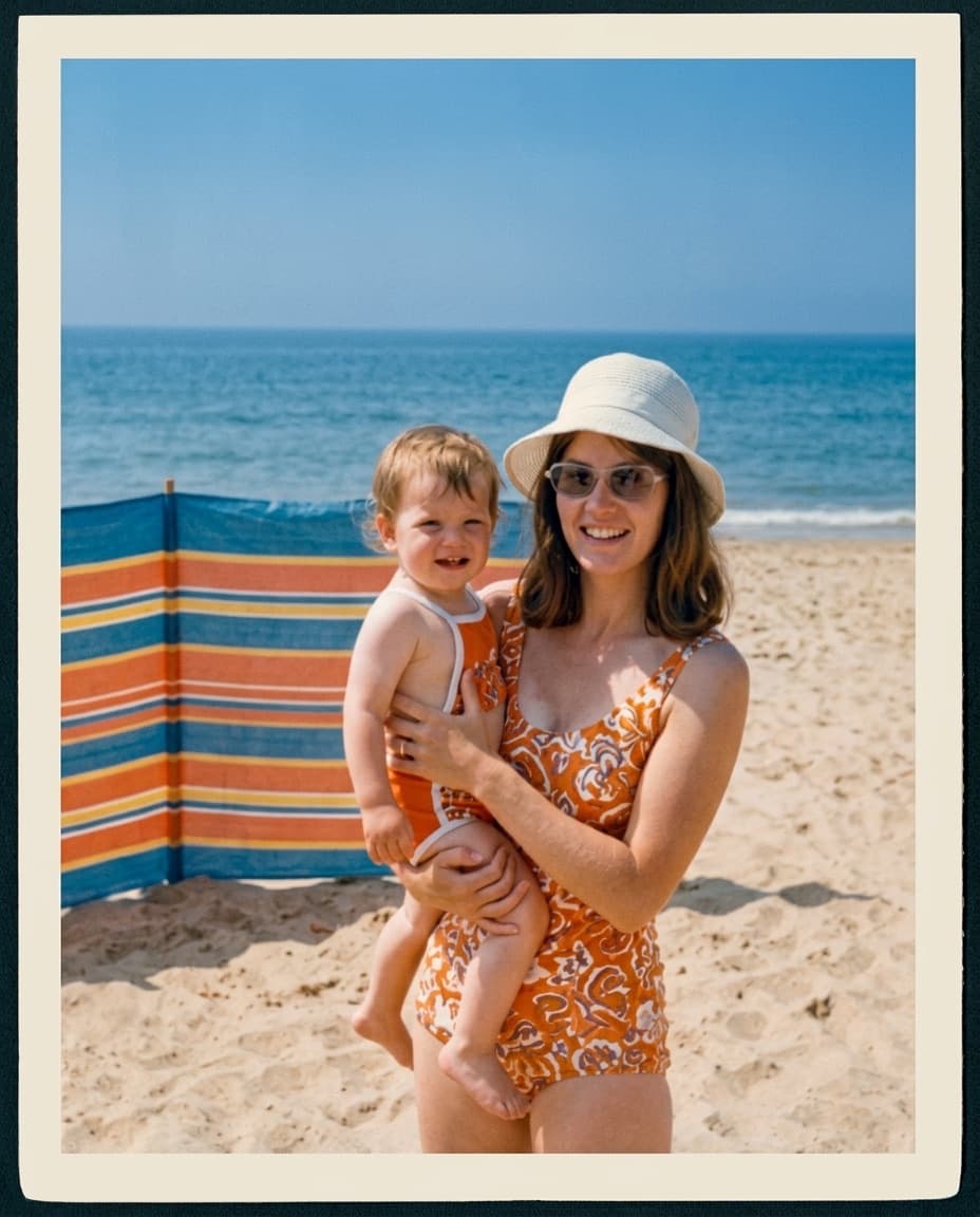 Restored: A 1970s beach holiday, sun-faded to pink, colors brought back