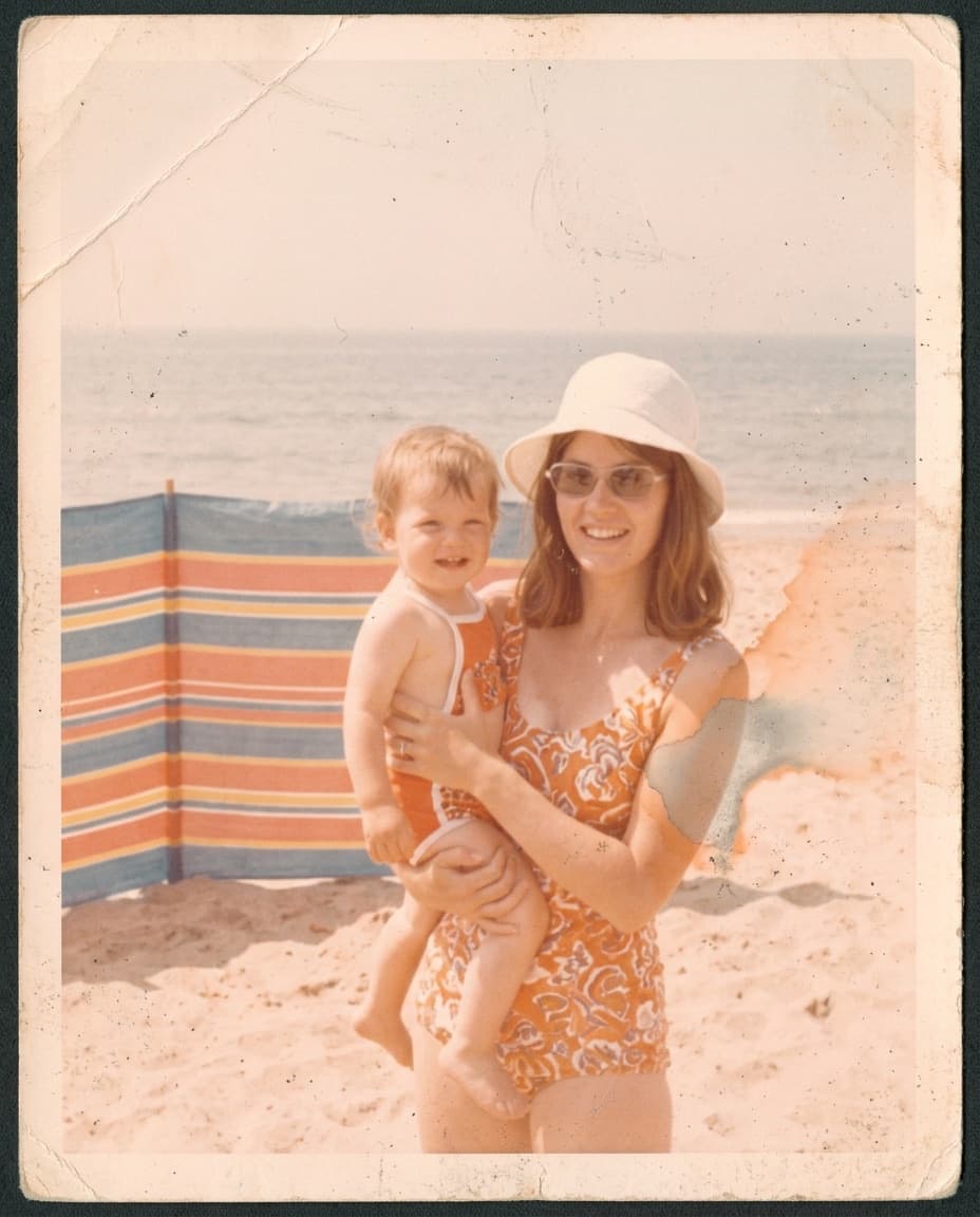 Original: A 1970s beach holiday, sun-faded to pink, colors brought back