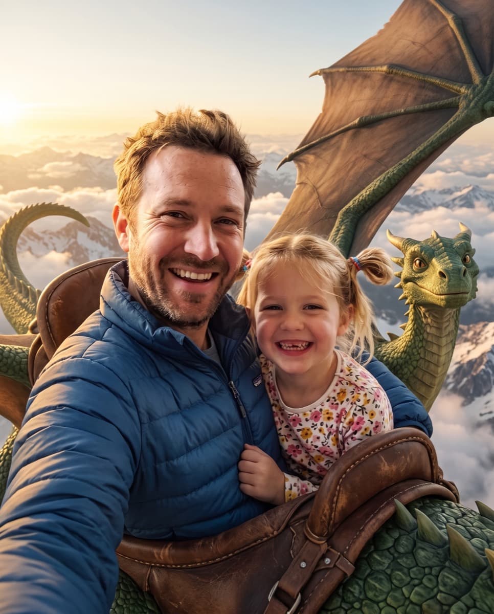 A dad and his daughter laughing on the back of a dragon, flying above snowy mountains
