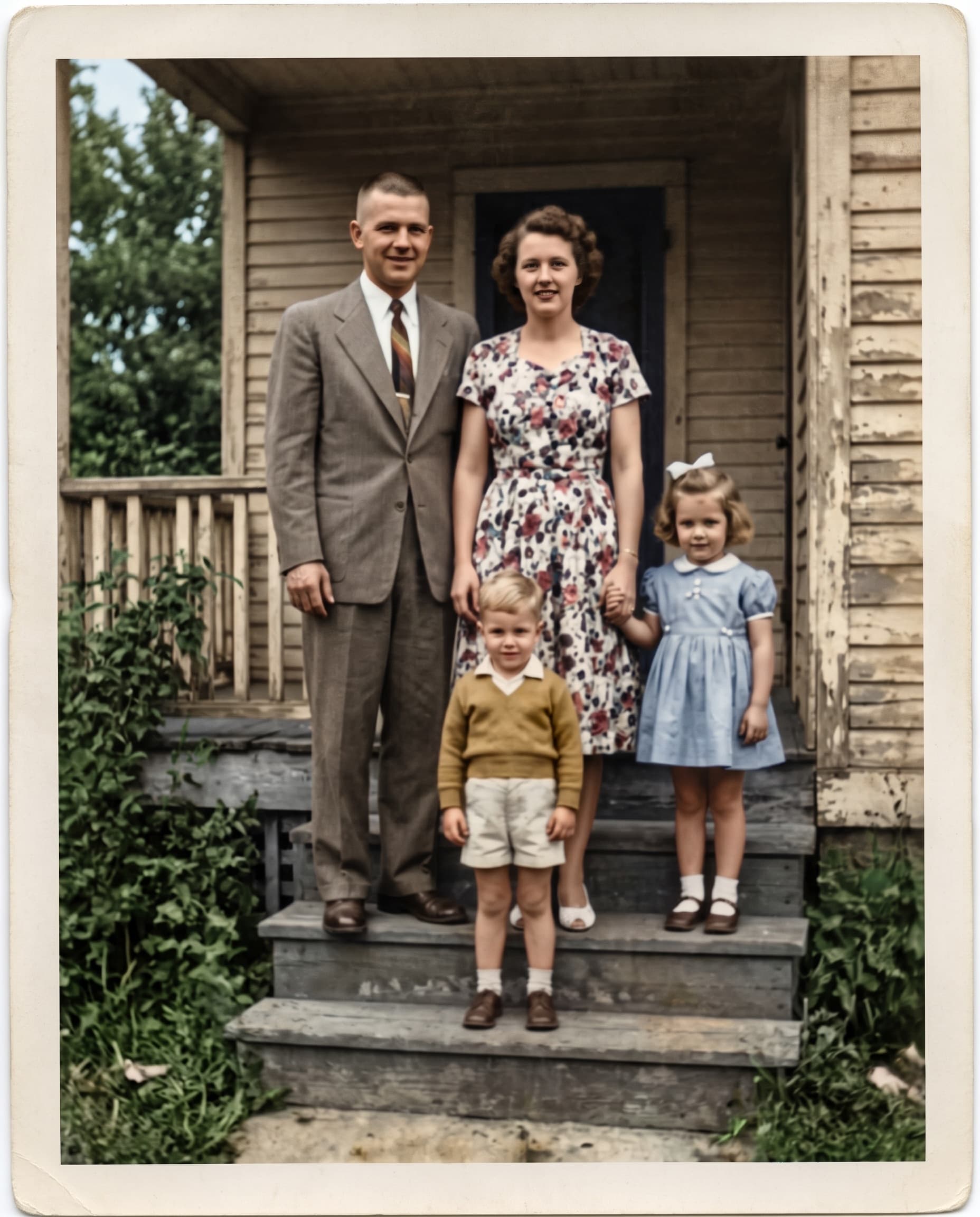 The same family portrait restored and in natural color
