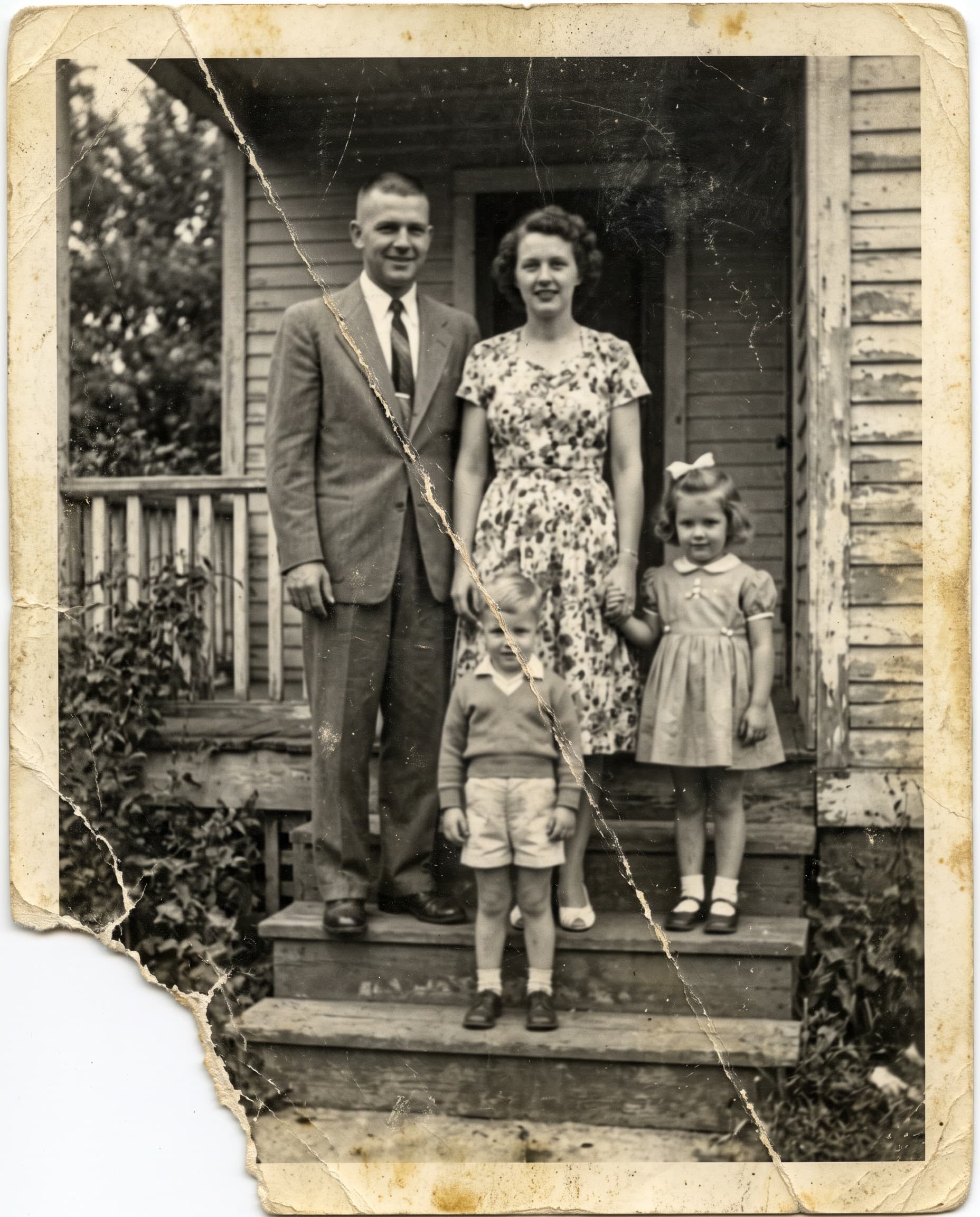 A torn, faded black-and-white family portrait from the 1950s