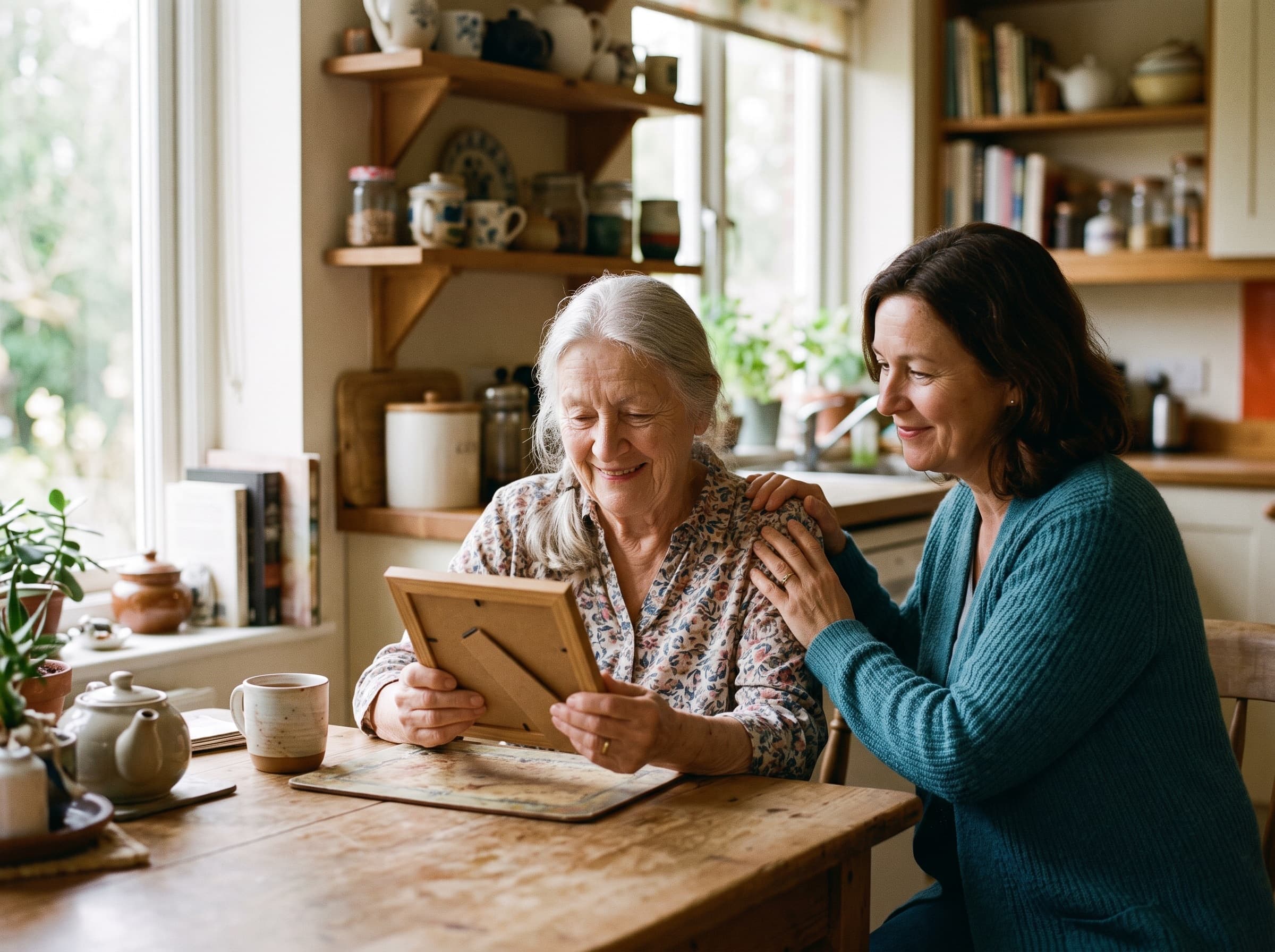 An elderly woman smiling with emotion while holding a framed photo, her daughter beside her