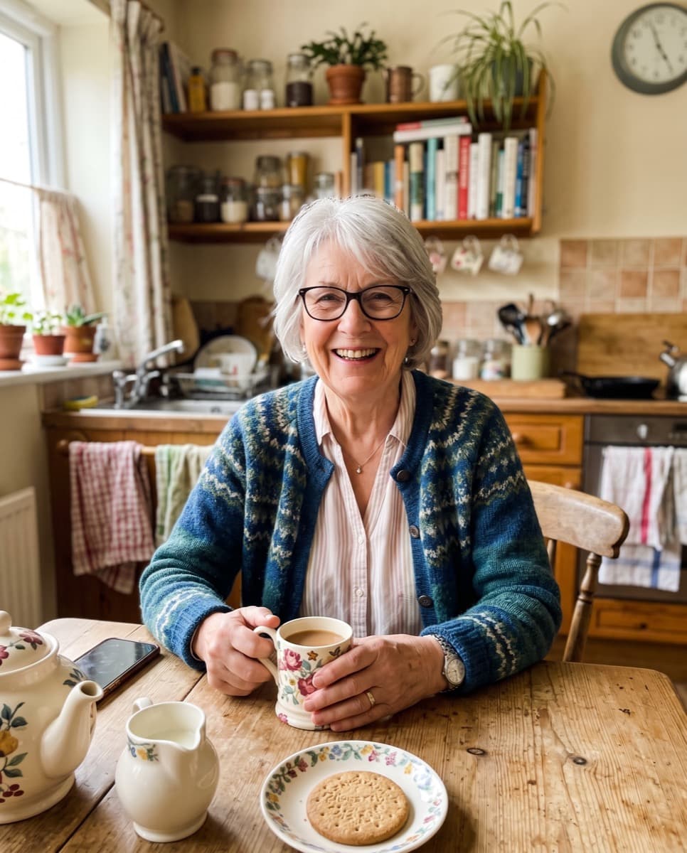 A photo of a grandmother with a cup of tea at her kitchen table
