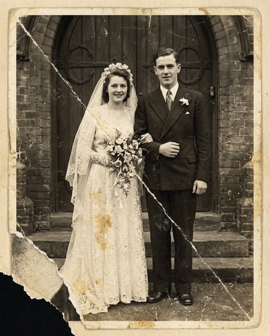 Original: A 1940s wedding portrait with a torn corner and water damage
