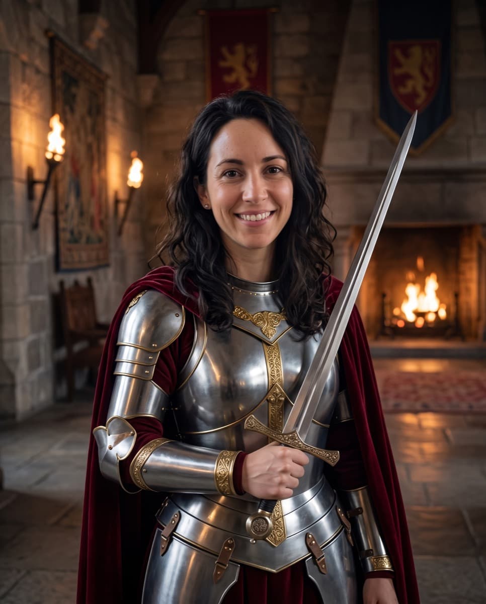 The same woman as a warrior queen in silver armor and a red cape, holding a sword in a torch-lit castle hall