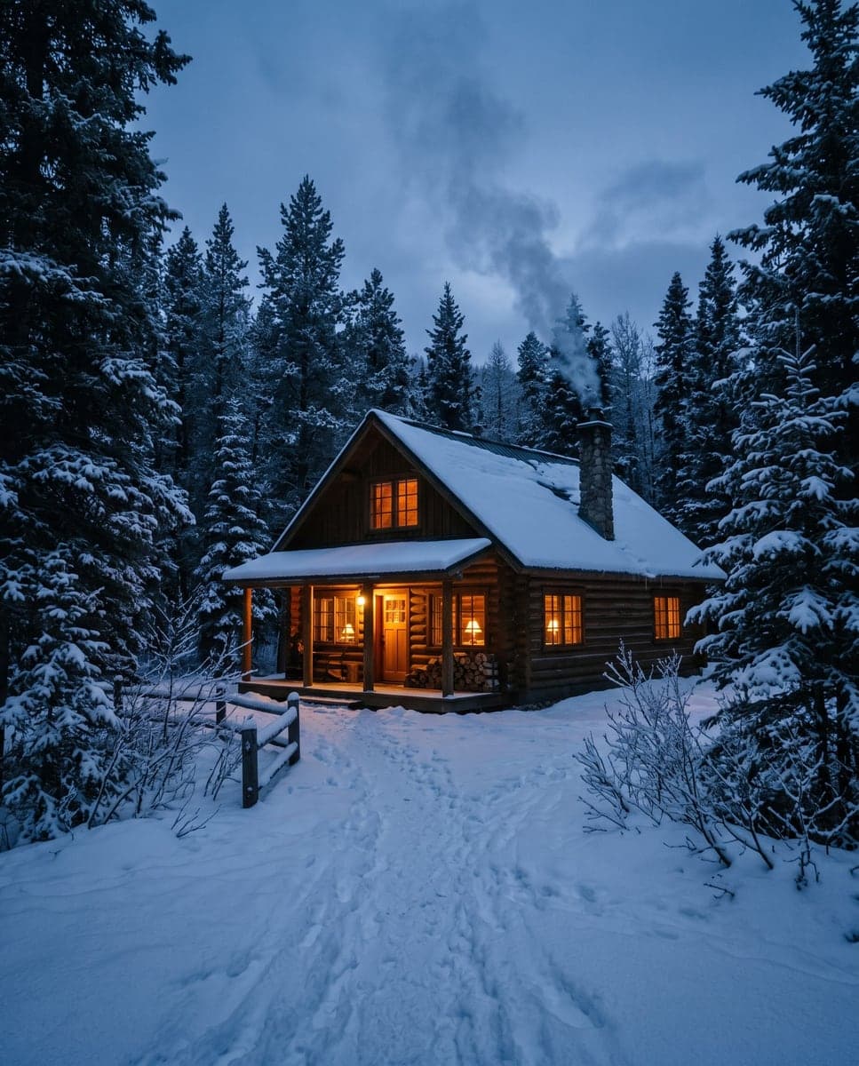 A cozy wooden cabin in a snowy pine forest at blue hour, warm light glowing from the windows