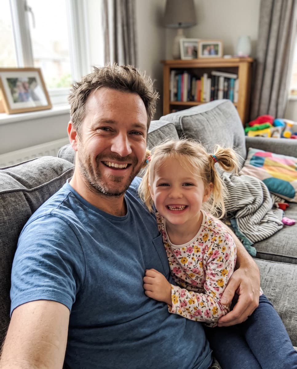 A casual selfie of a dad and his young daughter on a living room couch