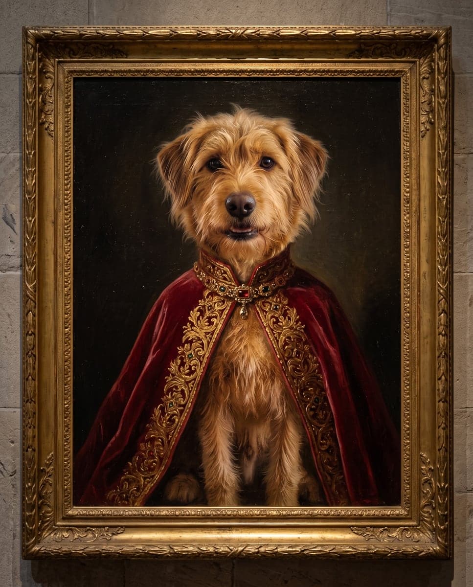 The same dog as a Renaissance oil portrait in a red velvet cape