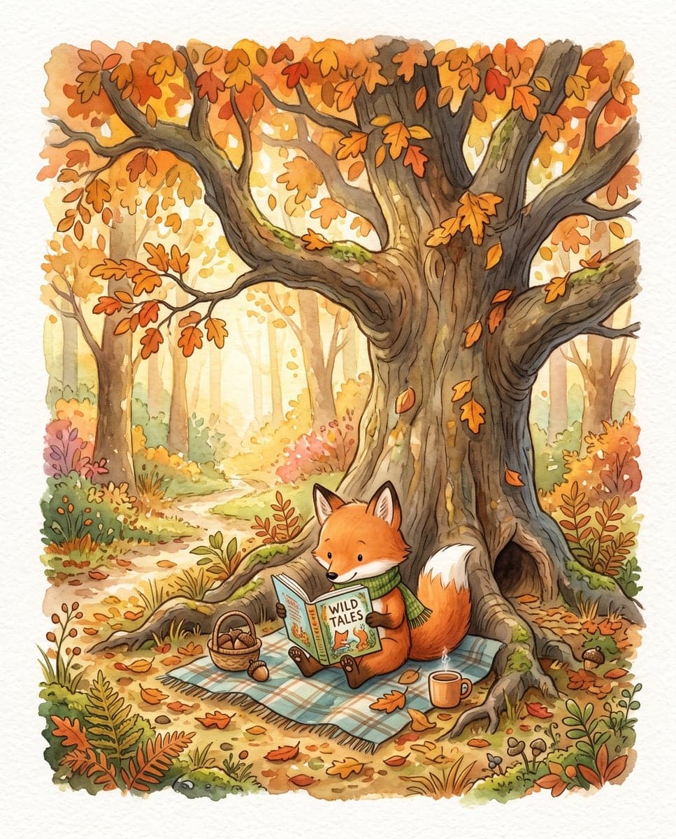 A children's book illustration of a little fox reading under a big oak tree, soft watercolor